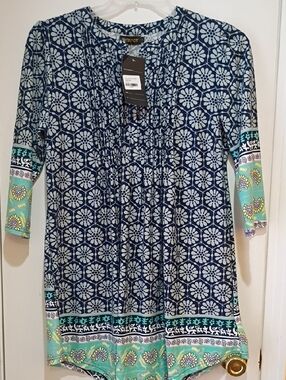 Reborn Navy Floral and Mint Border Long Sleeve Tunic Dress